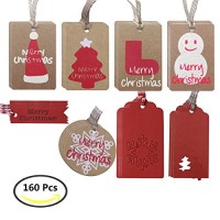 Buwant tag Kraft appendere carta da regalo di Natale  rosso e marrone  160 pezzi con 8 modelli di Natale e 2 tipo di juta naturale spago - 0B93DRS27